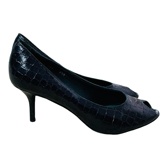 Donald J Pliner Sz 9.5 Black Leather Crocodile Skin Pattern Peep Toe Heels - Picture 4 of 10